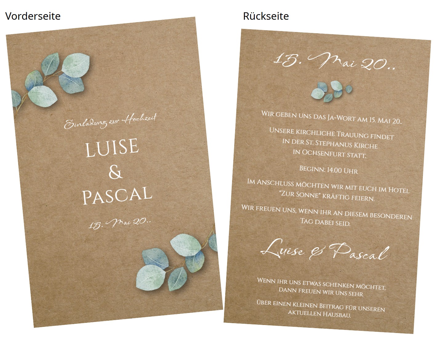 Hochzeit Einladungskarte "Botanical" in Kraftkartonoptik mit Eukalyptusblättern im Aquarell-Design