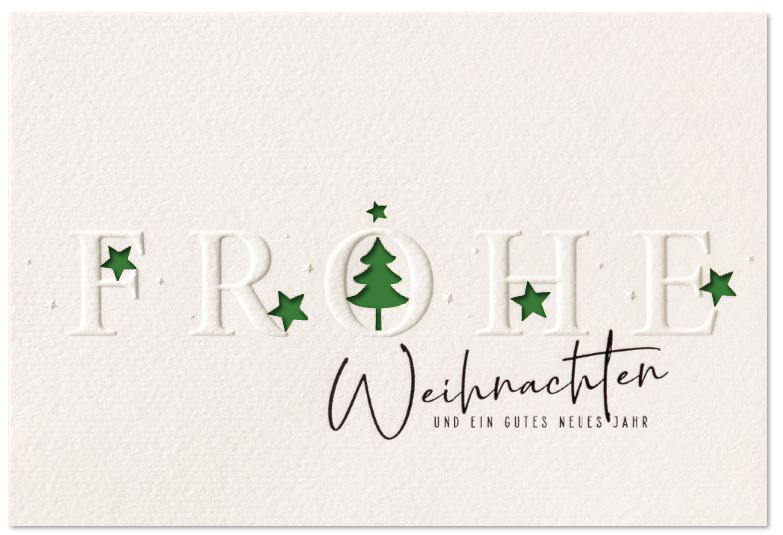 Elegante Weihnachtskarte weiß mit Blindprägung und Laserstanzung sowie Einleger in dunkelgrün