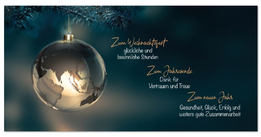 Geschäftliche Weihnachtskarte "Strahlende Weltkugel" mit Firmenweihnachts- und Neujahrsgrüßen, DIN lang