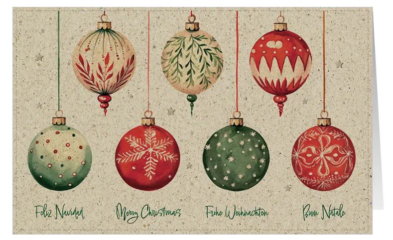 Umweltfreundliche Graspapier-Weihnachtskarte "Weihnachtlicher Baumschmuck" mit internationalen Grüßen
