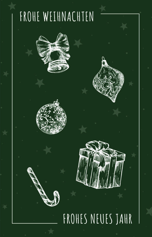 Stilvolle Weihnachtskarte in tannengrün "Weihnachtsallerlei" mit kleinen Weihnachtsmotiven und Sternenhintergrund sowie deutschsprachigem Gruß