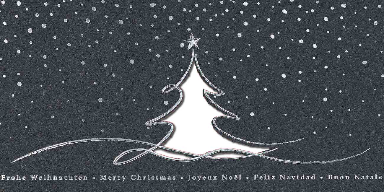 Internationale Weihnachtskarte mit Stanzung in anthrazit mit weißem Falteinlegeblatt