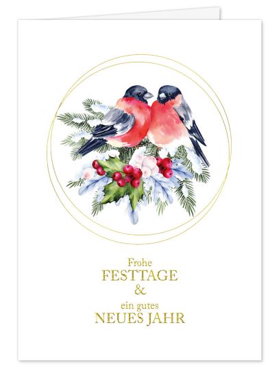 Liebevoll gestaltete Spendenkarte mit Vogelpaar auf Tannenzweigen und Weihnachtsgruß zugunsten Kinder-Krebs-Stiftung