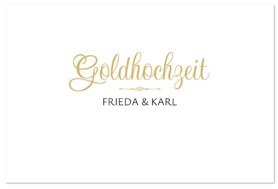 Festliche Einladungskarte zur Goldhochzeit in weiß als Klappkarte mit individuellem Text und eigenem Bild