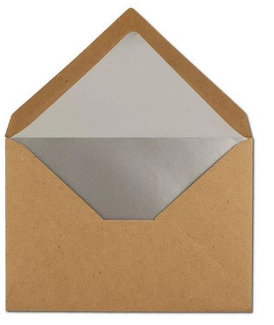 Briefumschlag DIN C6, 16,2 x 11,4 cm, nassklebend, 120g, naturbraun aus Kraftpapier mit silbernem Innenfutter