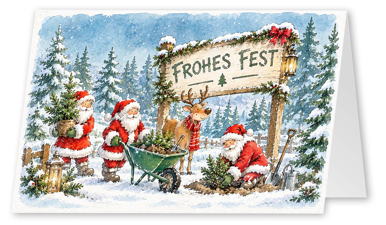 Lustige Weihnachtskarte im Aquarellstil „Winterliche Waldarbeit“ mit Weihnachtsmännern, Rentier und verschneiter Waldlandschaft mit Gruß "Frohes Fest"
