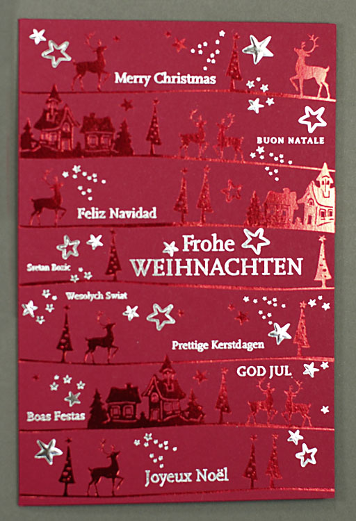 Weihnachtskarte dunkelrot mit internationalen Weihnachtsgrüßen