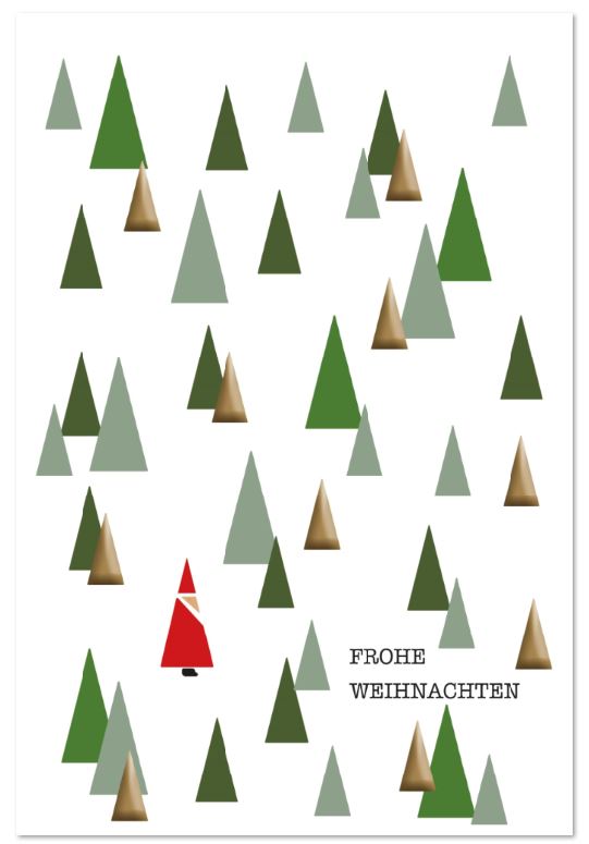 Weiße Weihnachtskarte "Versteckter Weihnachtsmann" mit Tannenwald aus Dreiecken und Gruß "Frohe Weihnachten"