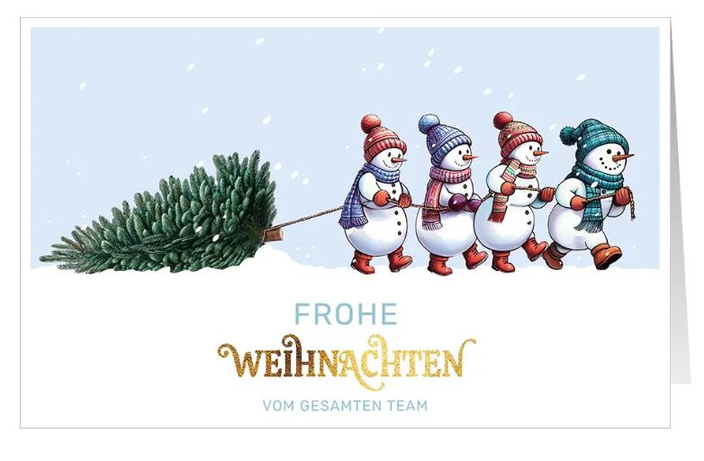 Lustige Team-Weihnachtskarte "Fröhliche Baumschlepper" für Firmen mit Schneemännern, Baum und Weihnachtsgruß