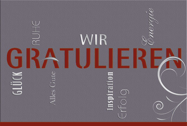 Firmenglückwunschkarte "Wir Gratulieren" mit Stanzung, Silberfolienprägung und Einleger in bordeaux