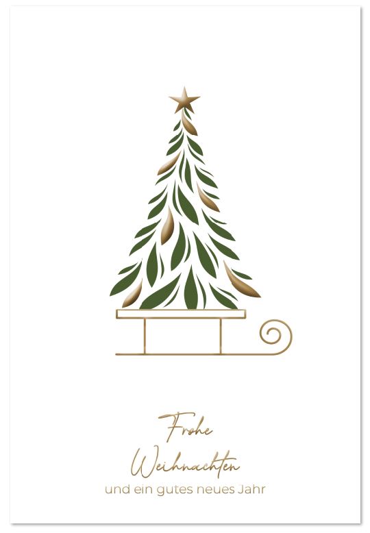 Weihnachtliche Grußkarte "Schlittenfahrt" mit einem Tannenbaum auf einem goldenen Schlitten und Weihnachtsgruß
