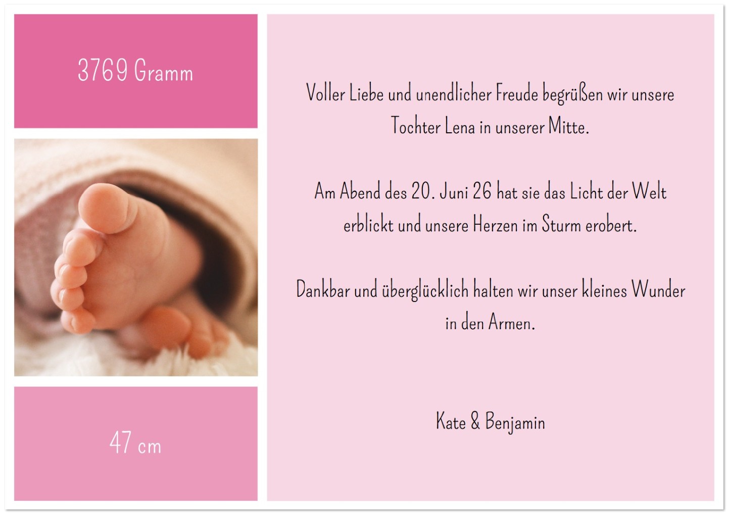 Personalisierbare Geburt-Anzeigekarte mit eigenen Fotos individuell zu gestalten. Beispiel in Farbschema rosa - pink