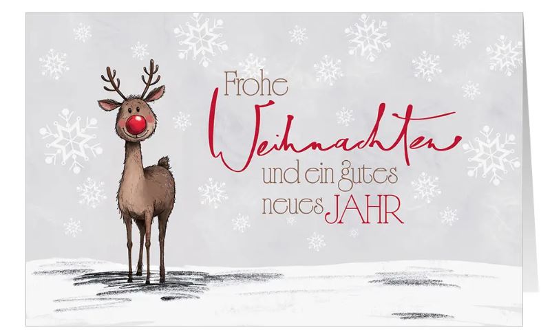 Fröhliche Spenden-Weihnachtskarte mit Rudolph und seiner roten Nase sowie Weihnachtsgruß für Ärzte ohne Grenzen