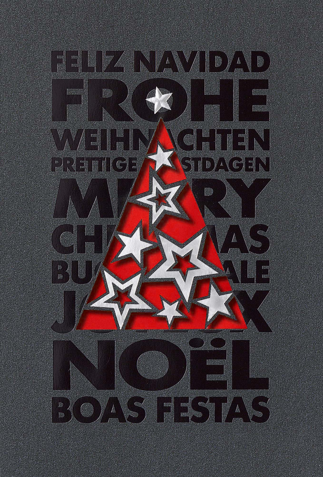 Internationale Weihnachtskarte in dunkelgrau mit Stanzung, Sternen und rotem Einleger