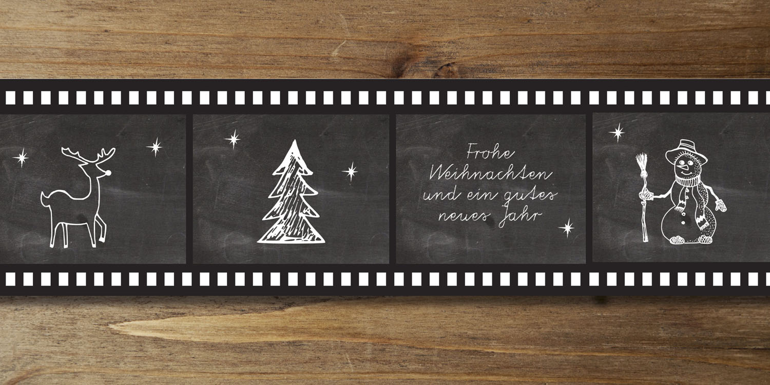 Weihnachtskarte im Filmstreifen-Look mit weihnachtlichen Symbolen