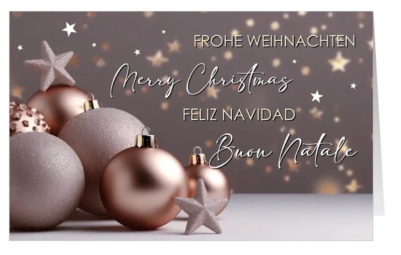 Festliche Weihnachtskarte "Glamour" mit internationalen Weihnachtsgrüßen und rosefarbenen Weihnachtskugeln
