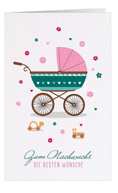 Nostalgische Glückwunschkarte zur Geburt "Babyglück" mit Retro-Kinderwagen und Glückwünschen