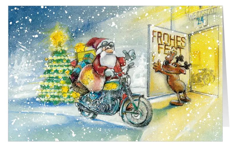 Humorvolle Branchenweihnachtskarte "Sattel Fest" für Motorradhändler, Biker-Club, Fahrschule, Zweiradhandel