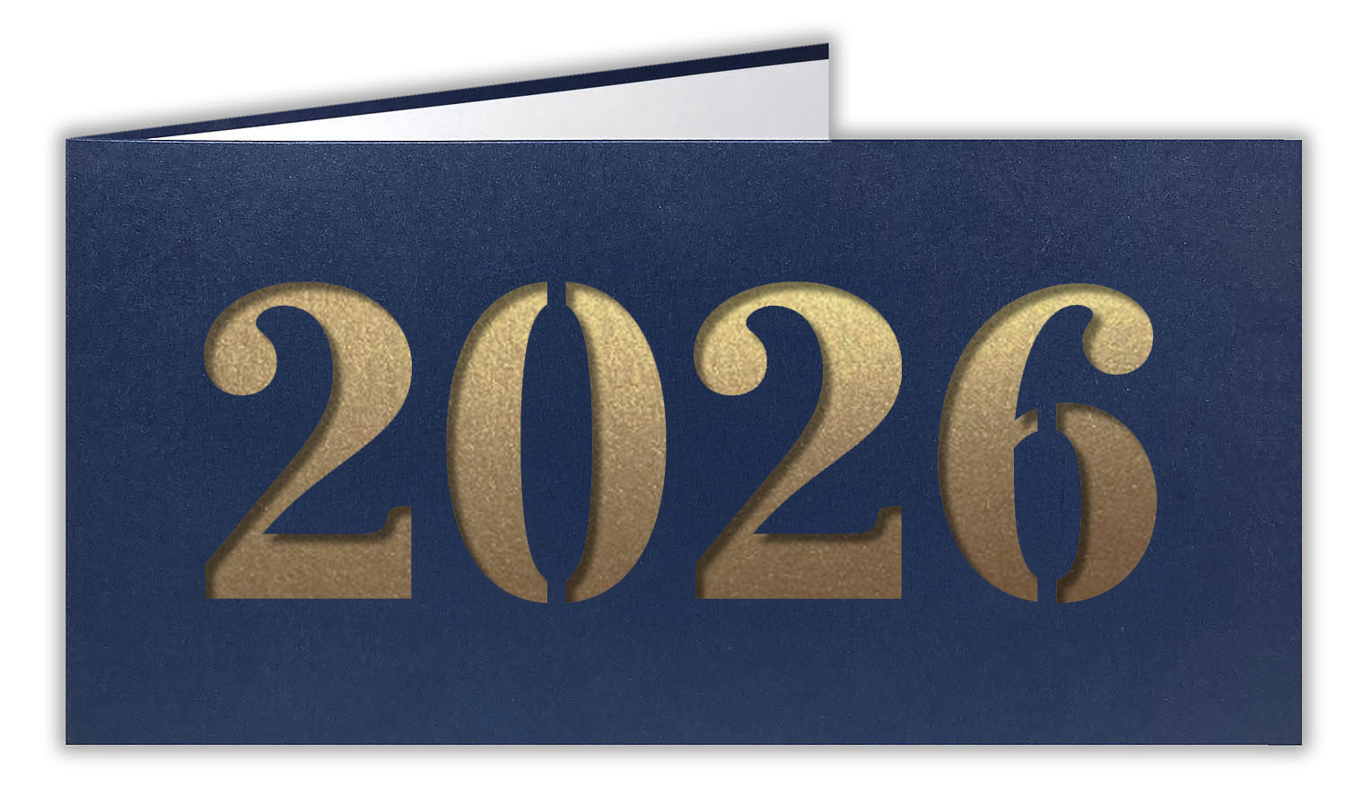 Dunkelblaue Neujahrskarte metallic mit Laserstanzung 2026 und goldfarbenem Einlegeblatt