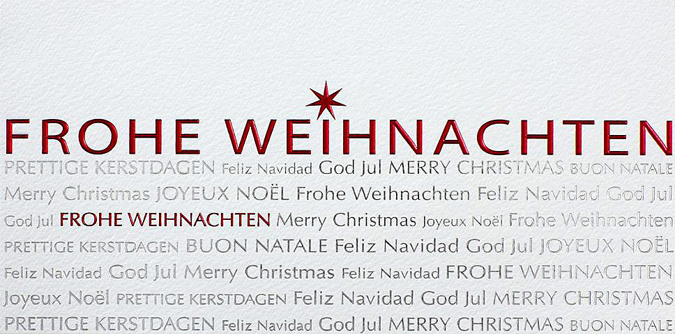 Weihnachtskarte creme mit geprägtem Text in silber und rot