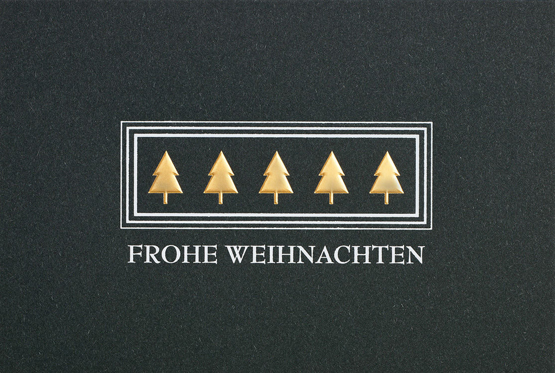 Weihnachtskarte anthrazit Frohe Weihnachten und goldene Bäume