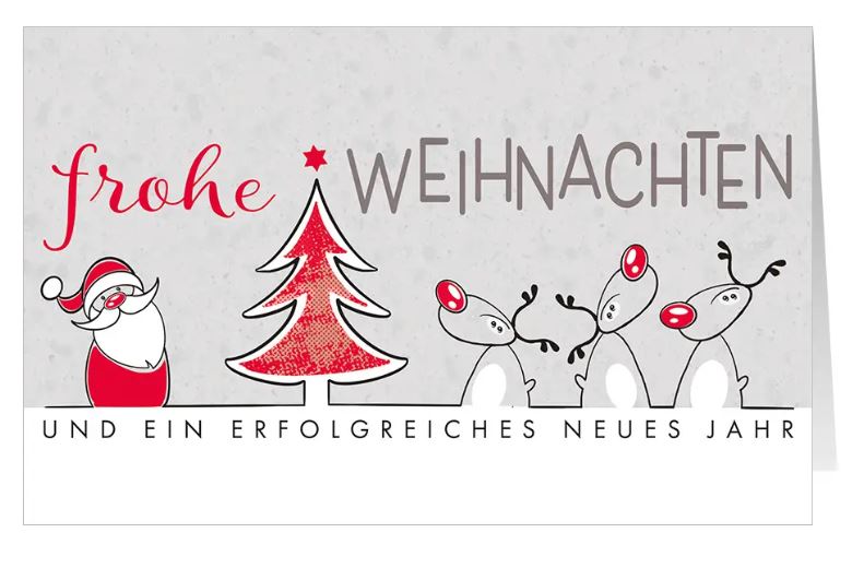 Witzige Firmen-Weihnachtskarte "Santa & Co." mit Weihnachtsmann, Baum und drei Rentieren sowie Weihnachtsgruß