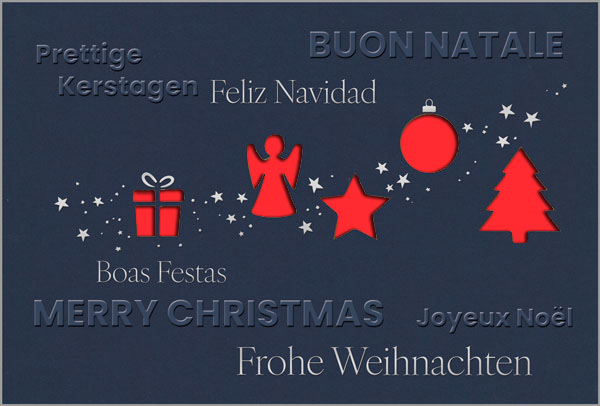 Internationale Weihnachtskarte in blau mit Stanzung und Prägung sowie Einlegeblatt in rot