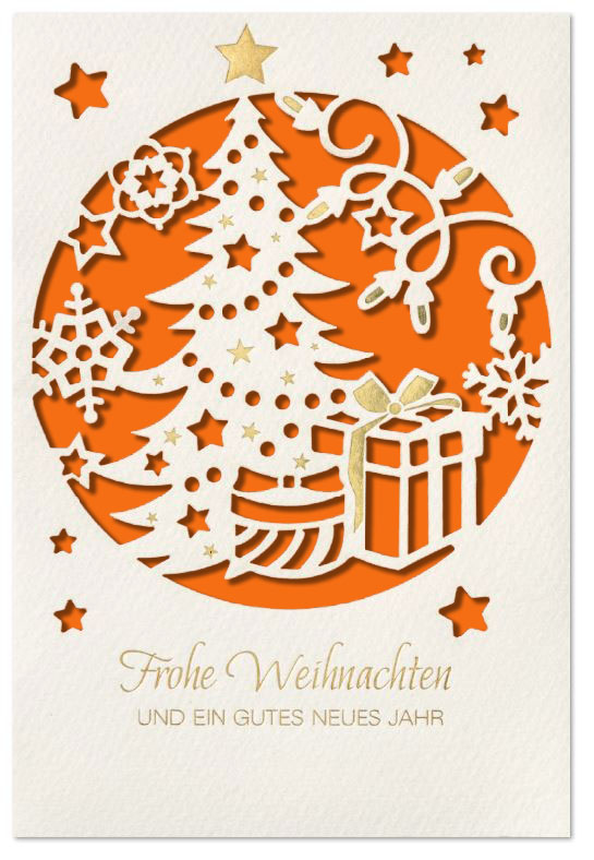 Weihnachtliche Grußkarte in weiß mit filigraner Laserstanzung und Goldprägung, Einleger orange