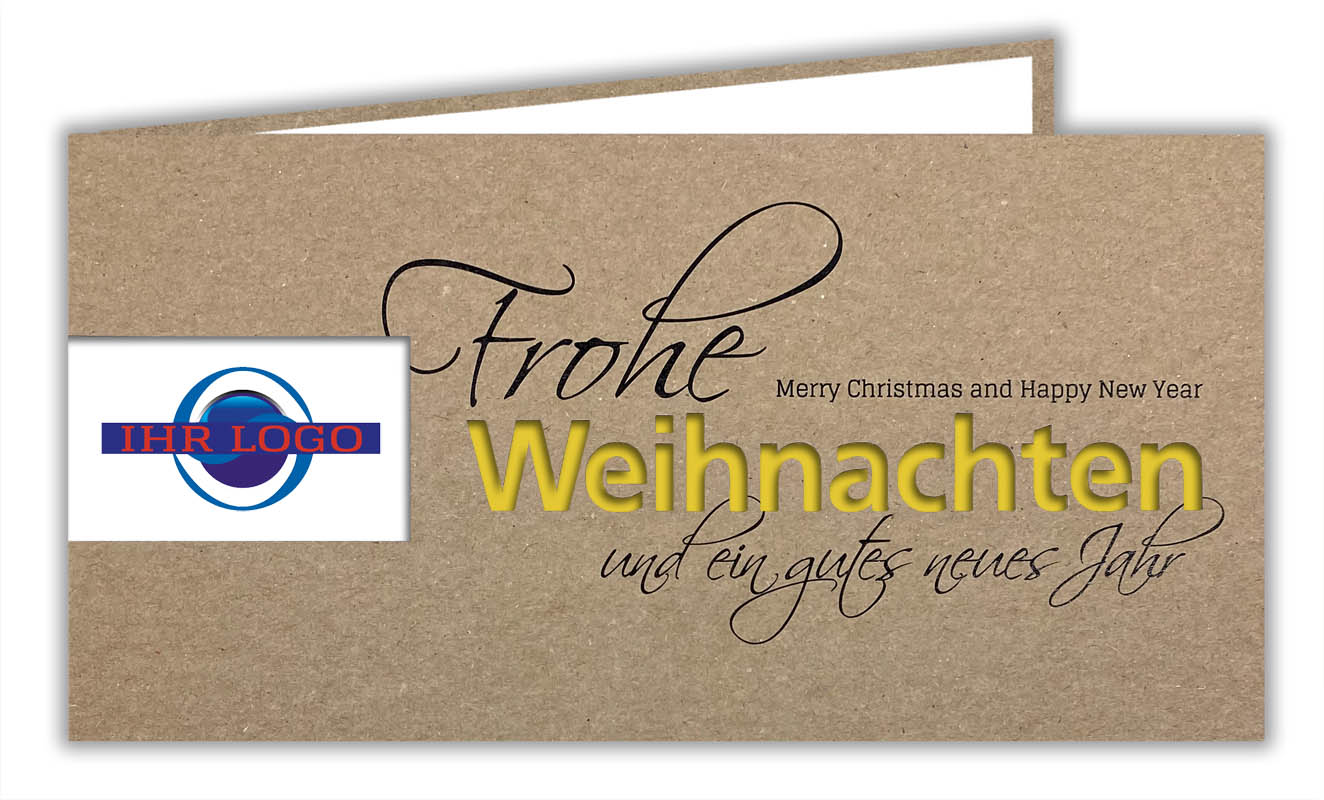 Naturbraune Weihnachtskarte aus Kraftkarton mit Firmen-Logo Stanzung und Schriftzug "Weihnachten" in gelb