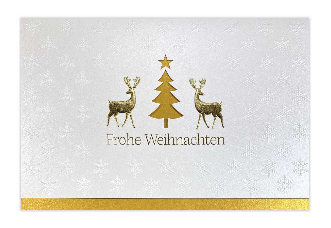 Weihnachtsgruß in perlmutt mit Blind- und Folienprägung, Stanzung und goldenem Einleger