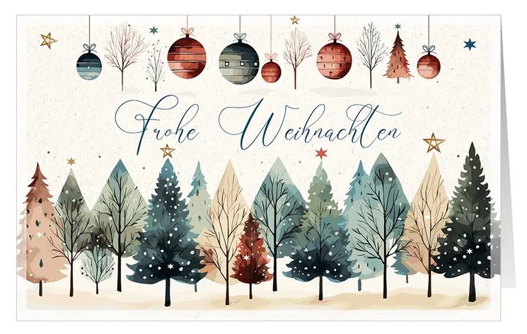 Weihnachtskarte "Malerischer Winterwald" mit Gruß, hängenden Weihnachtskugeln und Baumreihe