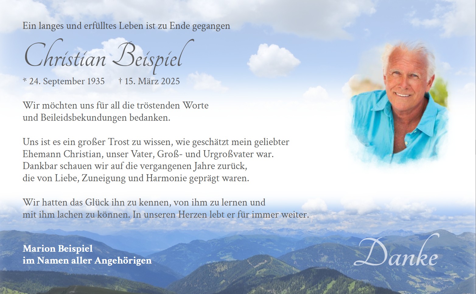 Trauer-Dankkarte mit Motivdruck eines Bergpanorama mit Weitsicht in den Wolkenhimmel