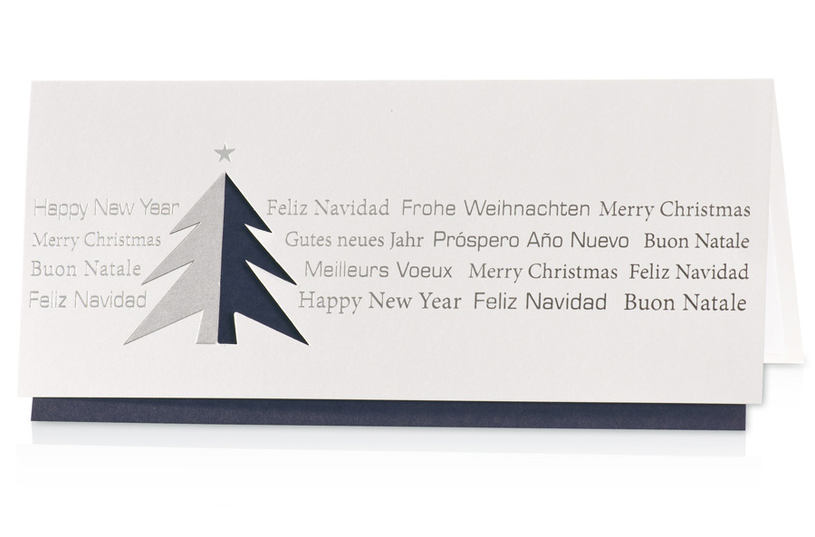 Weihnachtskarte weiß internationale Wünsche - Einleger blau