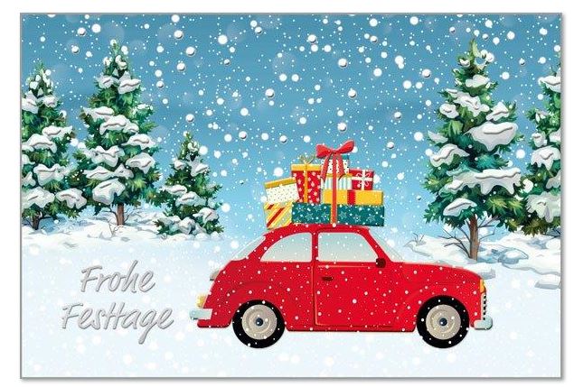 Winterliche Weihnachtskarte "Vollgepackte Festtage" mit bunten Geschenken auf dem Dach eines roten Autos