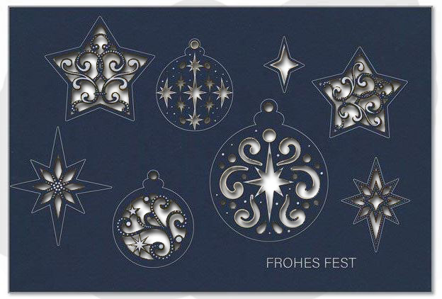 Edle Laser-Weihnachtskarte in blau "Filigrane Festlichkeit" mit Silberfolienprägung und Einlegeblatt in Weiß