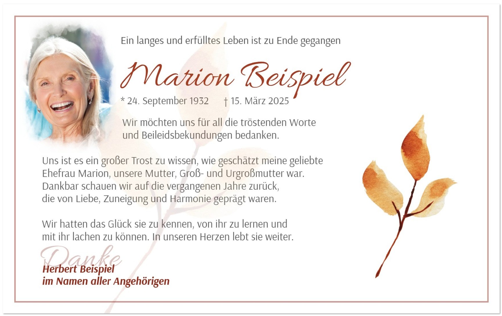 Trauer Danksagungskarte cremeweiß mit Motivdruck im herbstlichen Erdfarbton, im Beispiel Herbstlaub Zweig oder Blume.