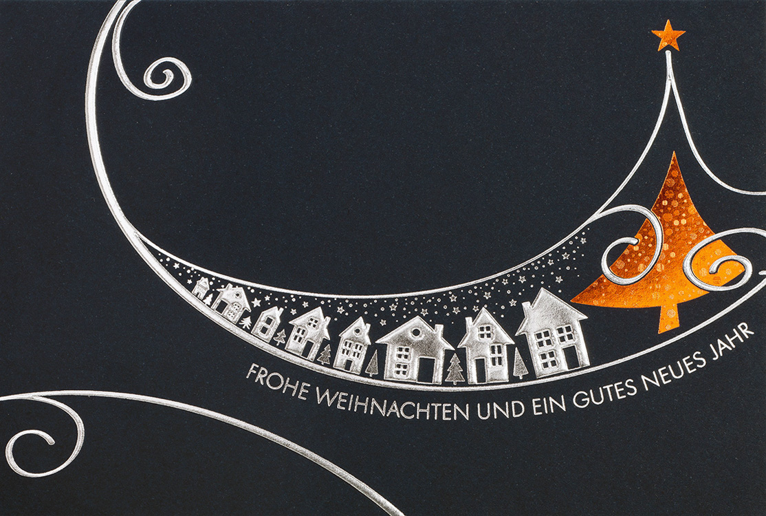 nachtblaue Weihnachtskarte mit Häusern