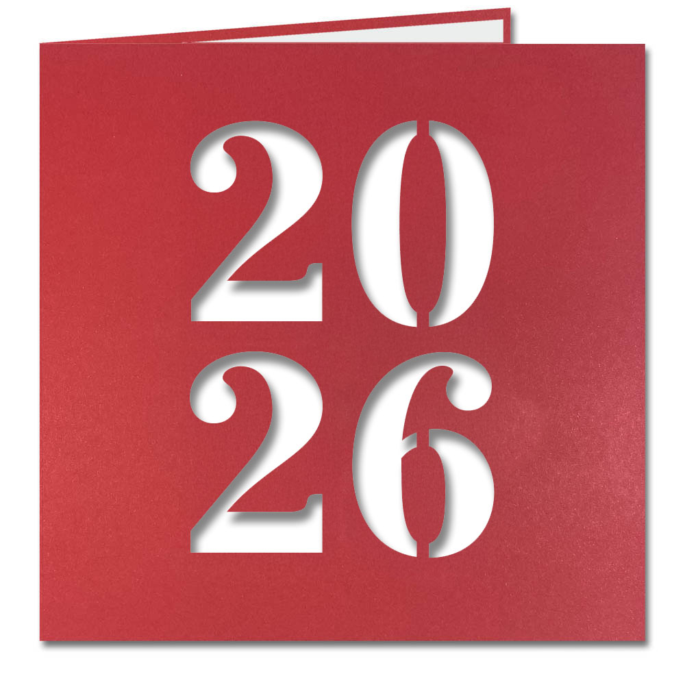 Rote Neujahrskarte aus Design-Karton mit Laserstanzung 2026 und weissem Einlegeblatt