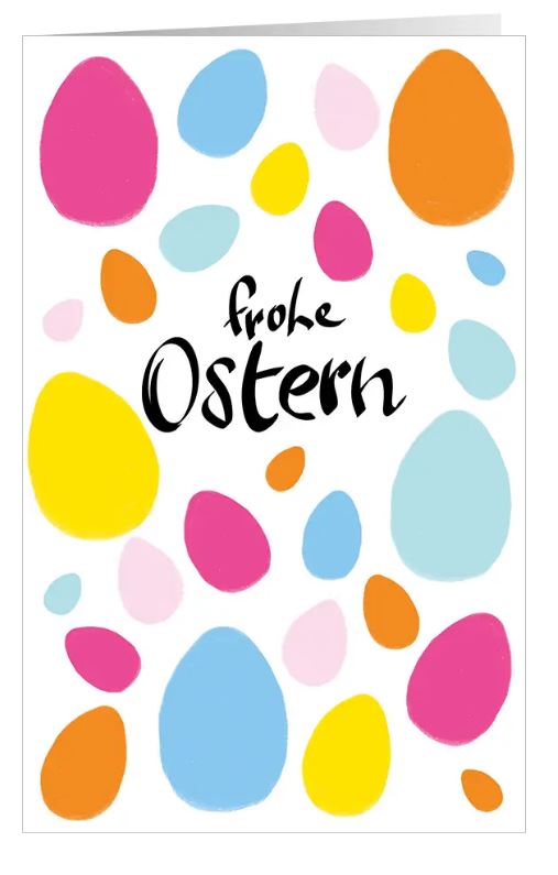 Moderne Osterkarte "Ei Ei Ei" mit Ostergruß und bunten Eiern als Klappkarte im Hochformat