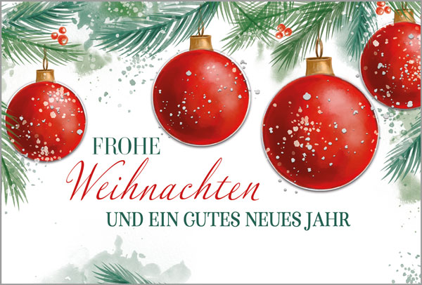 Klassische Weihnachtskarte "Tannengrün" mit roten Weihnachtskugeln und weihnachtlichen Grüßen