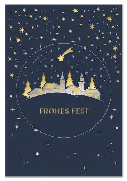 Elegante Laser-Weihnachtskarte in Blau "Verschneites Städtchen" mit Silberfolienprägung und Stanzung, Einleger gold