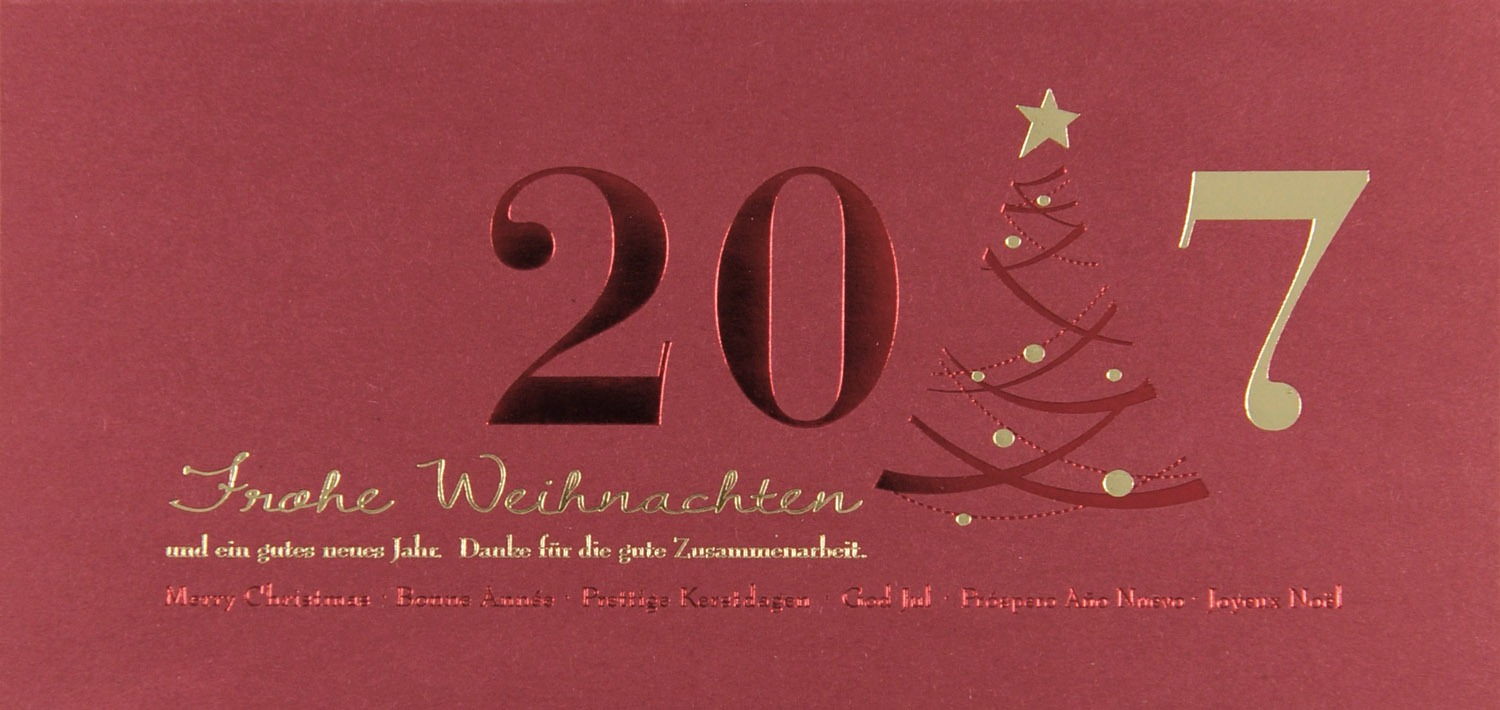 Festtagskarte 2017 dunkelrot mit zweifarbiger Folienprägung Danke für Zusammenarbeit