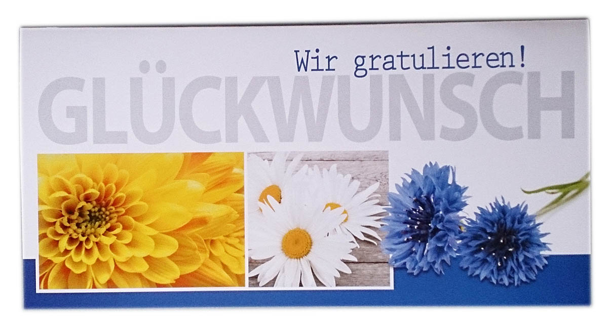 Glückwunschkarte mit gelben, weißen und blauen Blüten