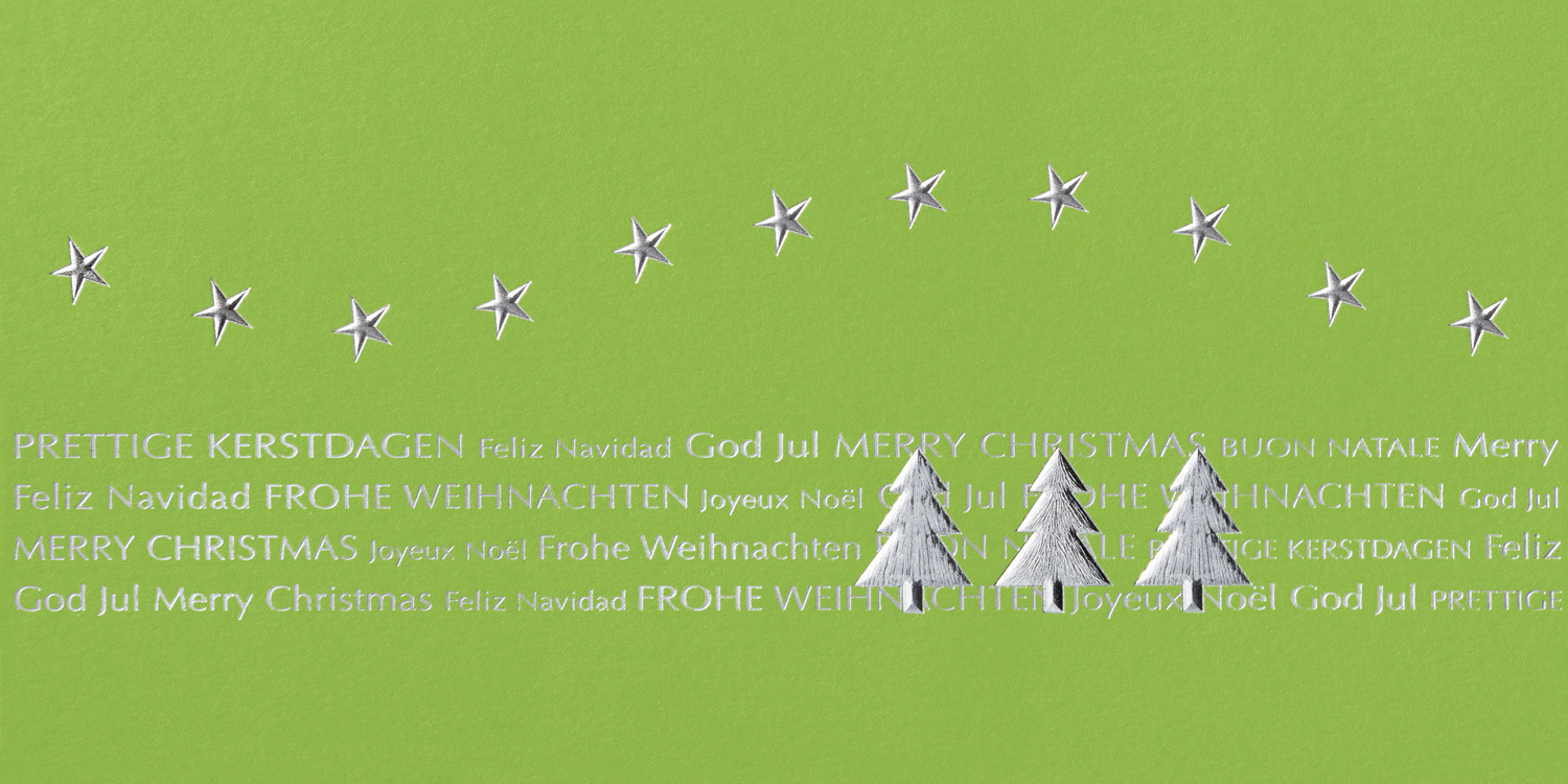 Weihnachtskarte grün mit Weihnachtsbäumen und Sternen