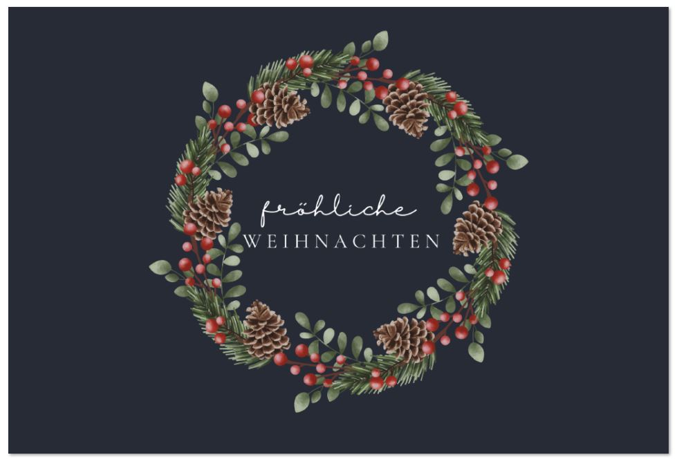 Elegante Weihnachtskarte "Weihnachtlicher Beerenkranz" in dunkelblau mit Fröhliche Weihnachten als Gruß