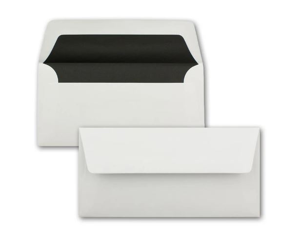 Briefumschlag DIN lang 22x11cm in weiß mit schwarzem Seidenfutter, nassklebend