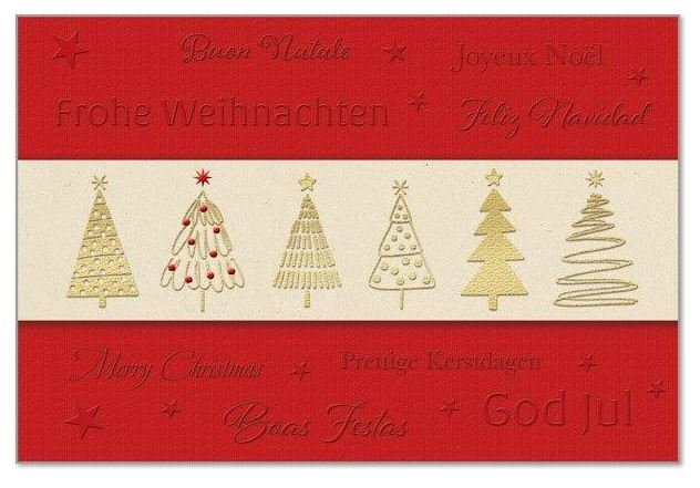 Internationale Weihnachtskarte "Festliche Weihnachtstage" mit naturbrauner Banderole, Blind- und Folienprägung in Gold und Rot