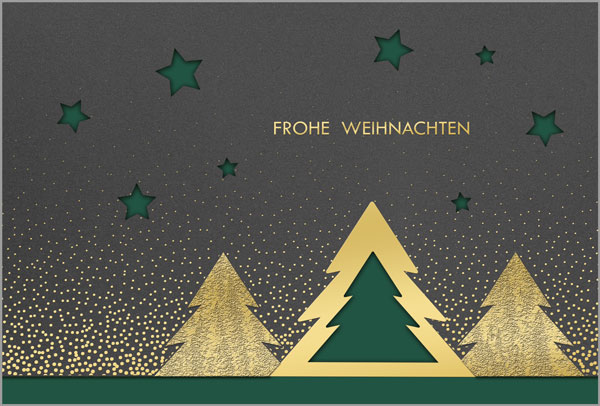 Edle Weihnachtskarte in dunkelgrau "Goldener Winter" mit formgestanzten Tannen und Sternen, Einlegeblatt dunkelgrün
