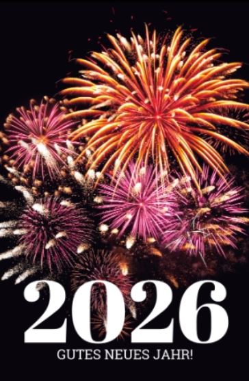 Neujahrskarte "Feuerwerk" mit Spendenanteil für Kinderherzen e.V., Jahreszahl und Neujahrsgruß