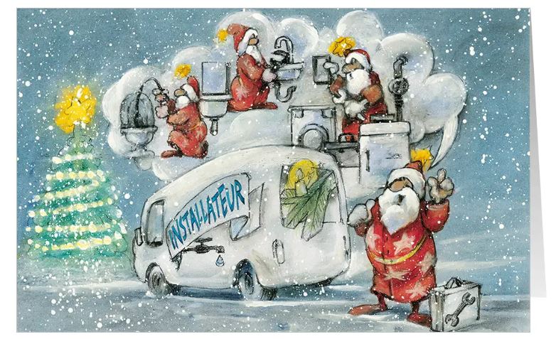 Heitere Weihnachtskarte "Wärmende Feiertage" für Installateure dem Weihnachtsmann bei der Arbeit